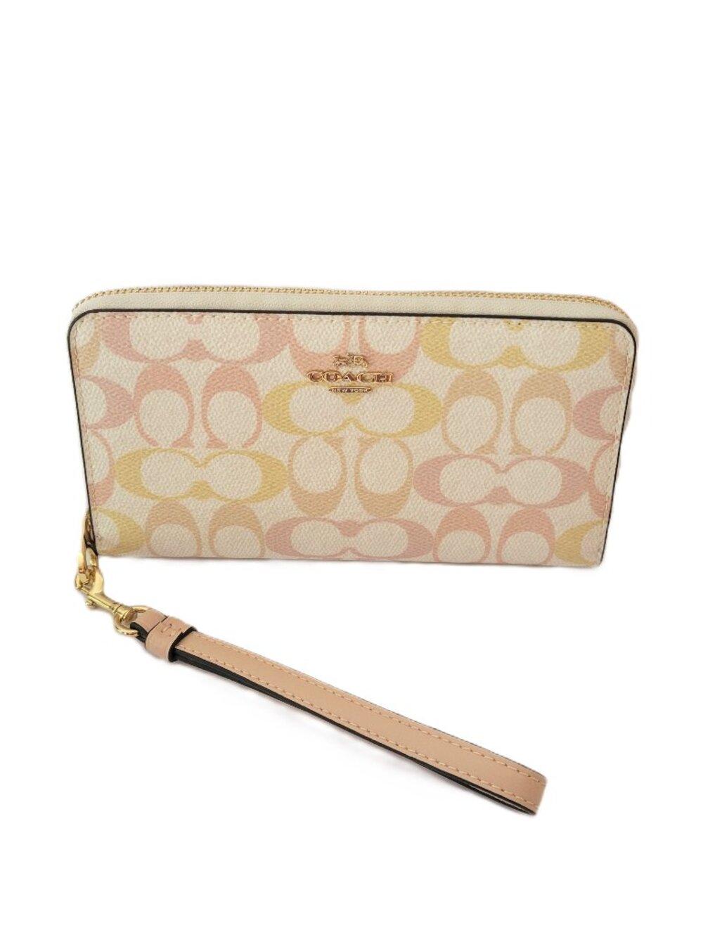 Coach CEC22 Long Zip Around Wallet Signature Coated Canvas Wristlet Chalk Pink